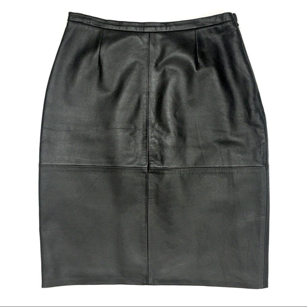 Vintage Black 100% Leather Pencil Skirt Patchwork Sz 8
